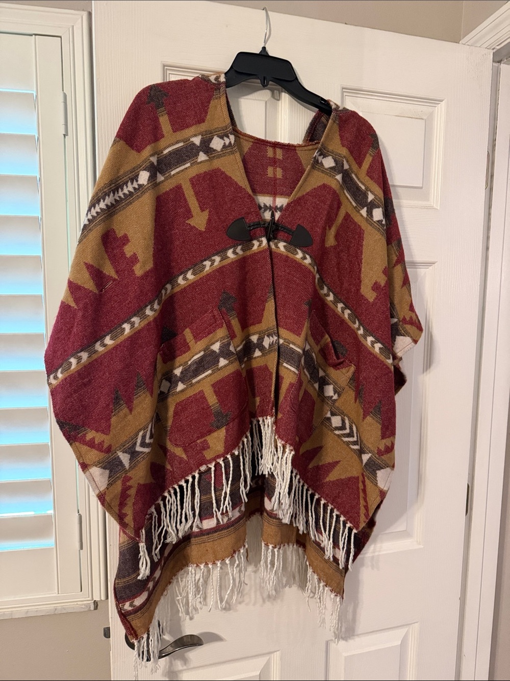 Boho Fringe Poncho Shrug in Red & Tan